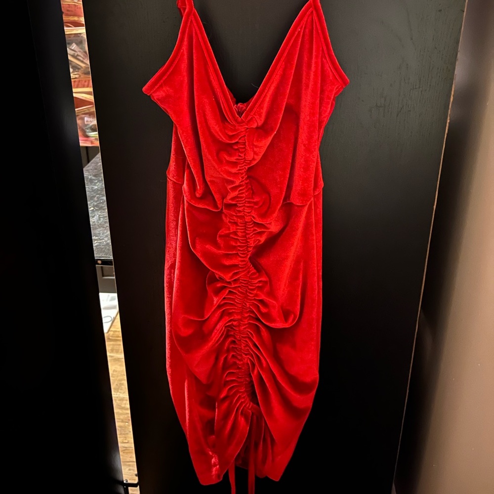 Rouched red velvet adjustable tie dress in small